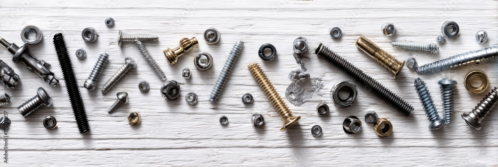 Poster collection of construction fasteners and screws arranged on a white desk with open upper margin for 