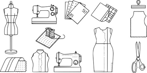 Fashion design line icons set – outline style sewing and tailoring symbols for diy crafting and clothing design: dress form, sewing machine, fabric swatches, scissors, dress pattern, textile