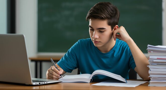 Teen Study with Laptop and Book