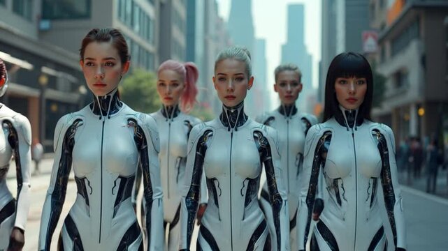 Five confident female androids walking through a futuristic business district, symbolizing the future of artificial intelligence.