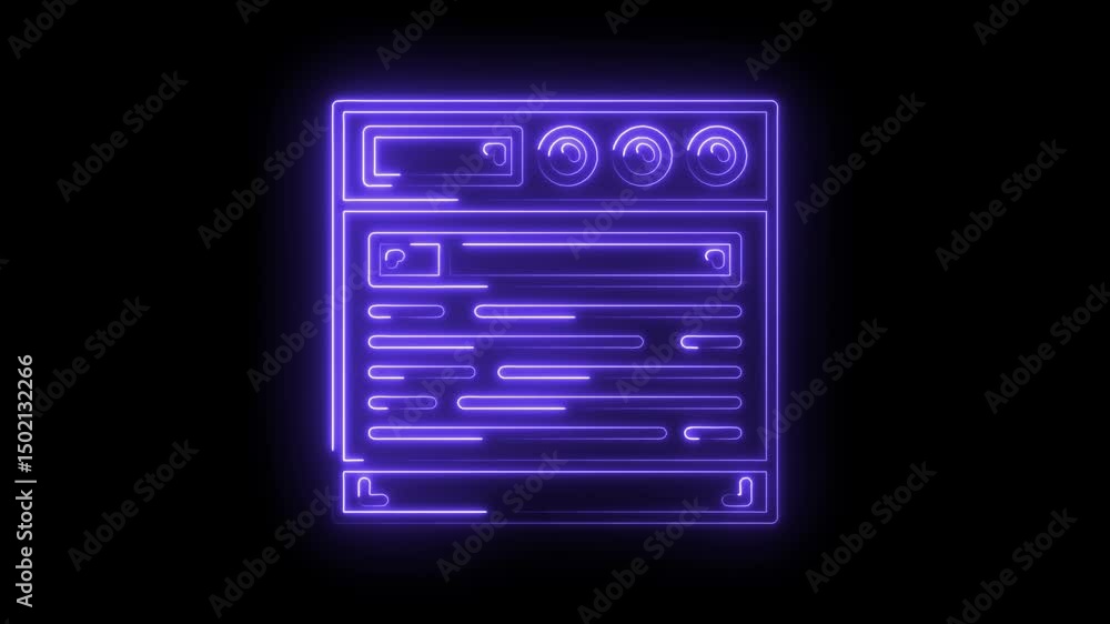 Poster glowing purple neon interface animation of an application window on a black background