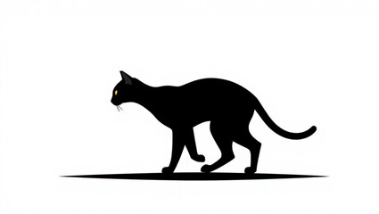 Obraz premium Silhouette of a black cat walking on a white background with a shadow beneath its feet on the ground created with generated ai