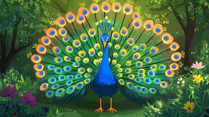 Colorful peacock displaying its magnificent tail feathers in a lush forest.