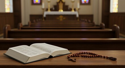 Open Bible and Rosary Beads Inside Church