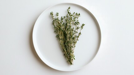 Sprigs of Thyme on a White Plate