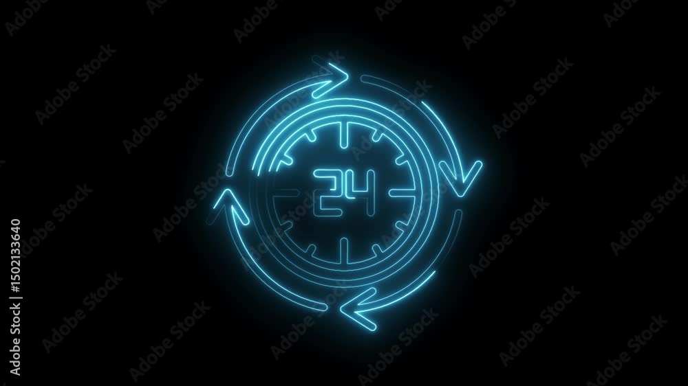 Poster neon 24 hour service clock with arrows rotating around the edge on black background