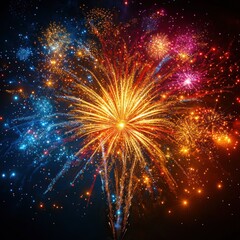 Fototapeta premium Bright multicolored fireworks exploding in the night sky with vibrant bursts of yellow, blue, red, and purple sparks creating a festive and exhilarating atmosphere