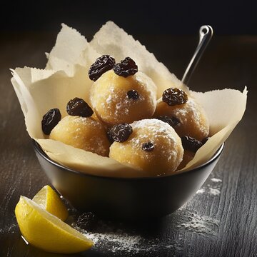 Venetian Fritole fried dough balls flavored raisins and citrus providing carbohydrates and vitamins for energy and immune support