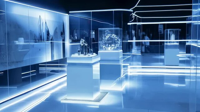 Abstract art gallery interior with futuristic blue lighting and showcases featuring various displayed art pieces