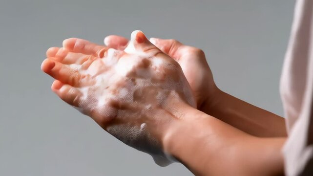 Close-up view of two human hands covered in soapy lather for hygiene and antibacterial cleaning process against a gray backdrop