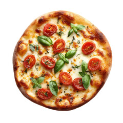 Margherita pizza with fresh basil and tomato slices on white background