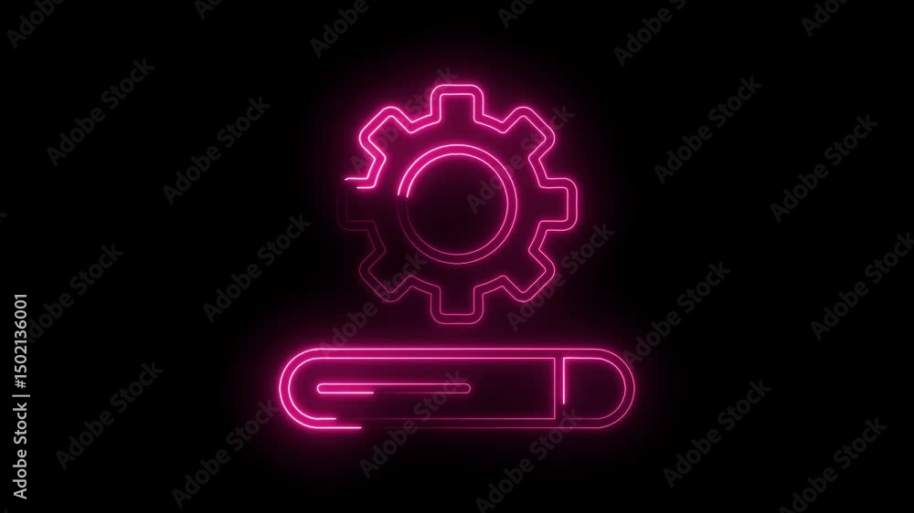 Poster abstract neon glowing cog loading animation with pink light against black background