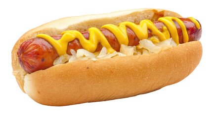 Hot dog with sauerkraut and spicy mustard on white background