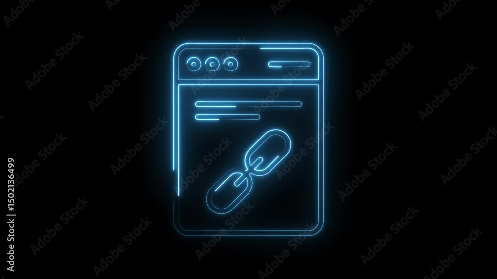 Poster glowing neon web page with hyperlink chain isolated on black background animation