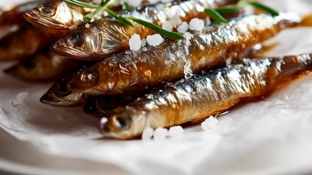Delicious crispy fried anchovies, stacked with coarse salt flakes and aromatic rosemary sprigs, a close-up shot with shallow depth of field.