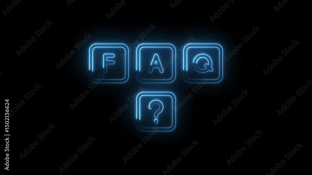 Poster animated faq neon icons with question mark glowing on black background frequently asked questions co