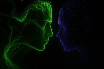 Obraz premium Two human faces facing each other, green and violet energies meet. Spiritual concept, transmutation, growth, and renewal.
