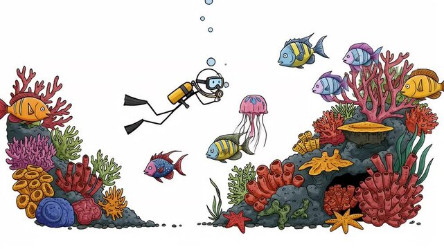 Stickman Scuba Diver Exploring Colorful Coral Reef with Fish in Pixel Art on Isolated White Background Symbolizing Ocean Activity