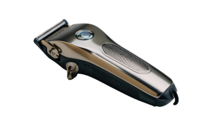 Electric hair clipper with metallic blade and LED indicator on transparent background

