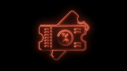 Glowing neon discount ticket animation on black background for sales and promotions