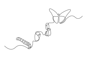 Continuous one line drawing of Butterfly life cycle. Single line drawing illustration of Growth Butterfly. Perfect metamorphosis concept vector art. Line vector illustration.