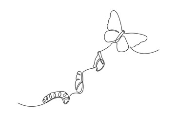 Continuous one line drawing of Butterfly life cycle. Single line drawing illustration of Growth Butterfly. Perfect metamorphosis concept vector art. Line vector illustration.