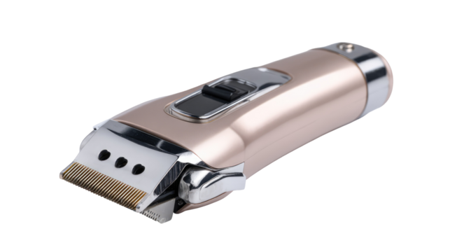 Electric hair clipper with metallic blade and LED indicator on transparent background

