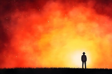 Fototapeta premium A man stands alone on a hillside at sunset
