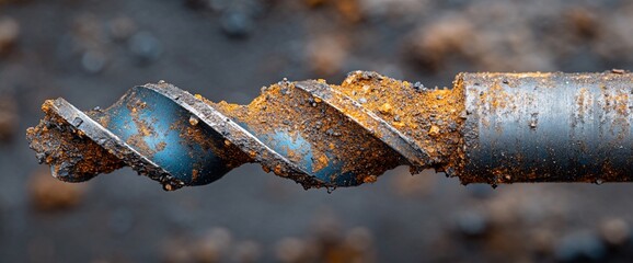 Close-up shot of a used and dirty twist drill bit shows tool's wear and tear