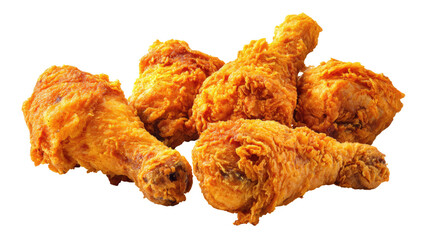 Crispy fried chicken drumsticks in golden brown color presented on transparent background

