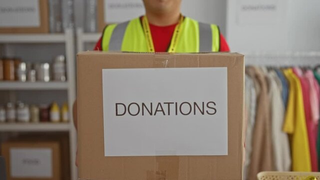 Smiling man holding donation box in charity center surrounded by organized clothing and supplies