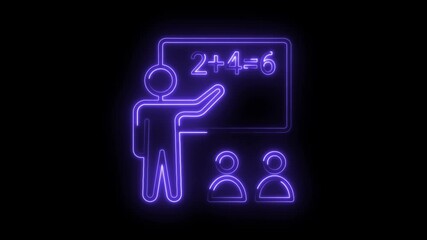 Animated neon math class with students and teacher explaining equation on blackboard - Powered by Adobe