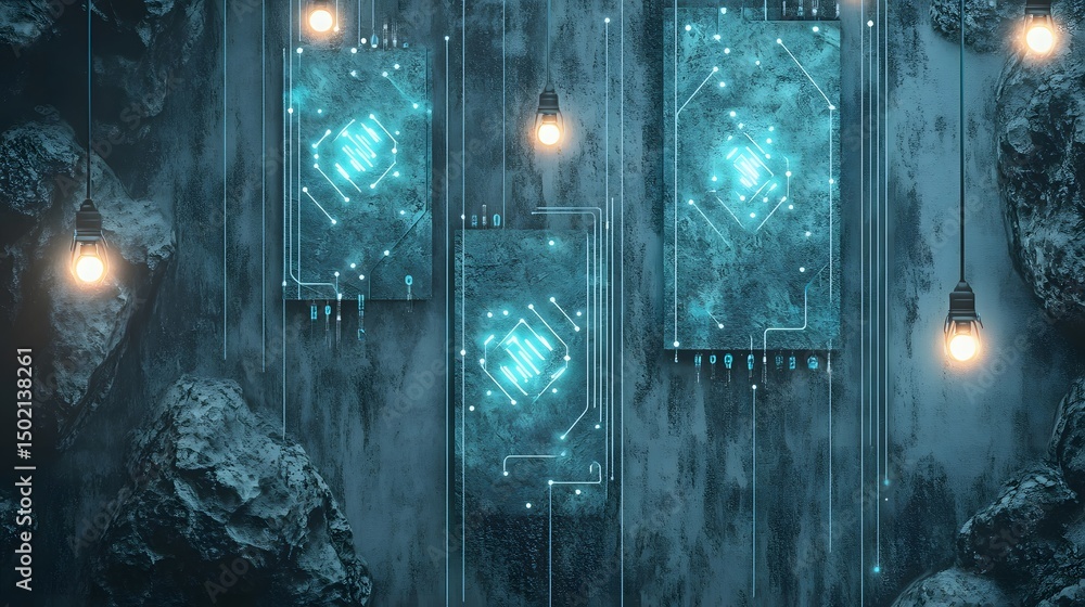 Poster illuminated circuit patterns on a textured wall.
