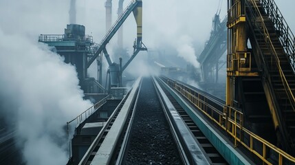 Industrial landscape with heavy machinery and pollution on a cloudy day