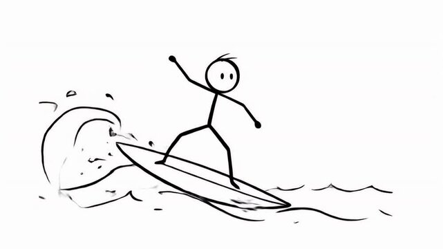 Stickman Surfing on a Wave with Black Outline on White Background Symbolizing Summer Beach Activities