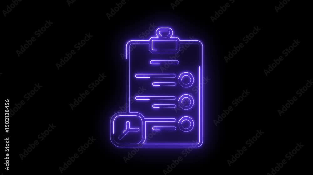 Poster glowing neon checklist with clock icon animation on black background deadline and tasks management