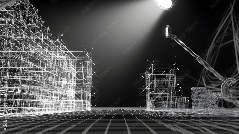 Poster abstract representation of city structures illuminated by a spotlight.