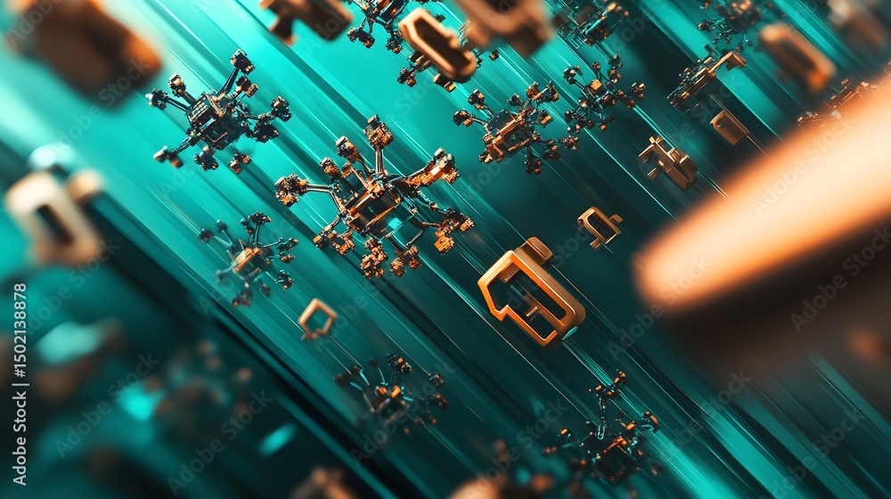 Poster intricate metallic structures arranged in a teal background.