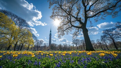 Obraz premium Springtime blossoms in a city park.