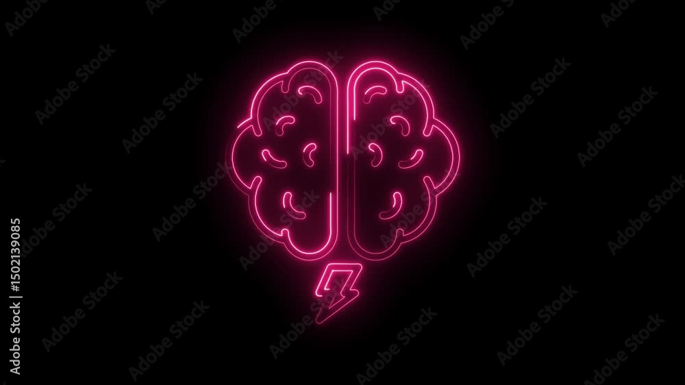 Poster glowing pink neon brain with lightning bolt on black background animation loop