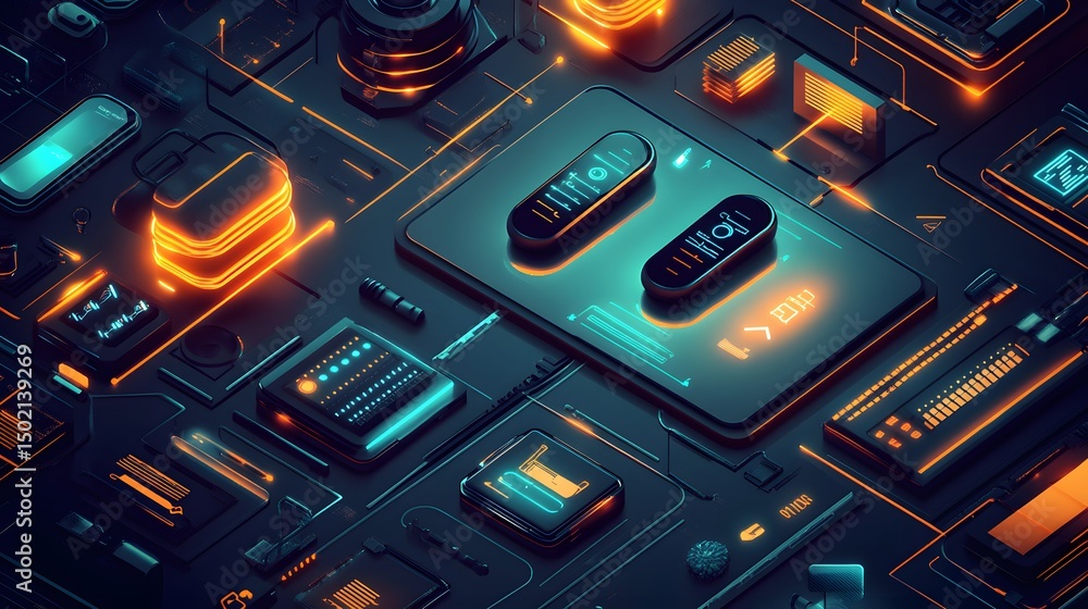 Poster futuristic technological circuit with glowing components.