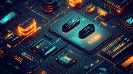 Futuristic technological circuit with glowing components.