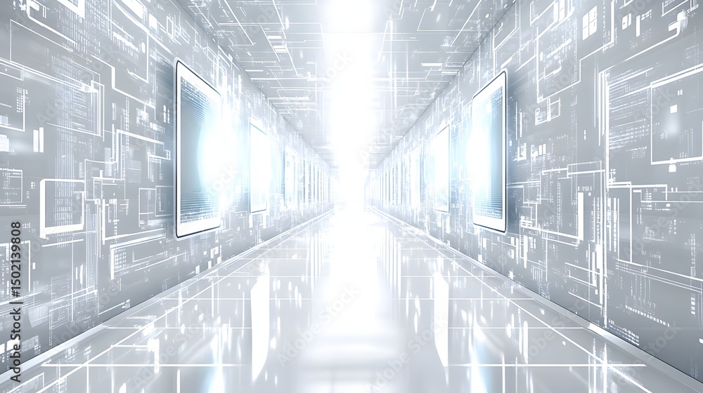 Poster digital corridor with glowing screens and technological patterns.