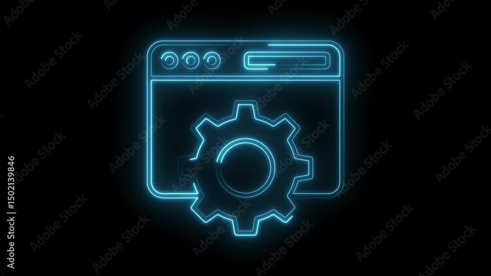Poster neon website settings panel with cog icon glowing on dark background