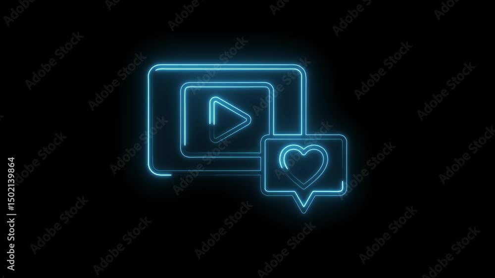 Poster neon style video play button with heart shape feedback on black background animation