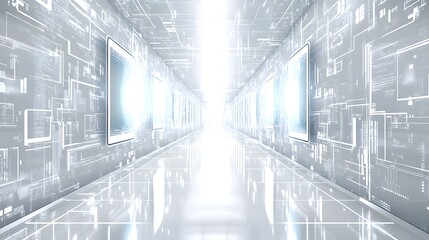 Digital corridor with glowing screens and technological patterns.