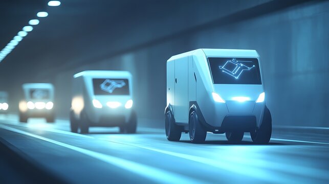 Futuristic delivery van navigating a tunnel at night. - Powered by Adobe