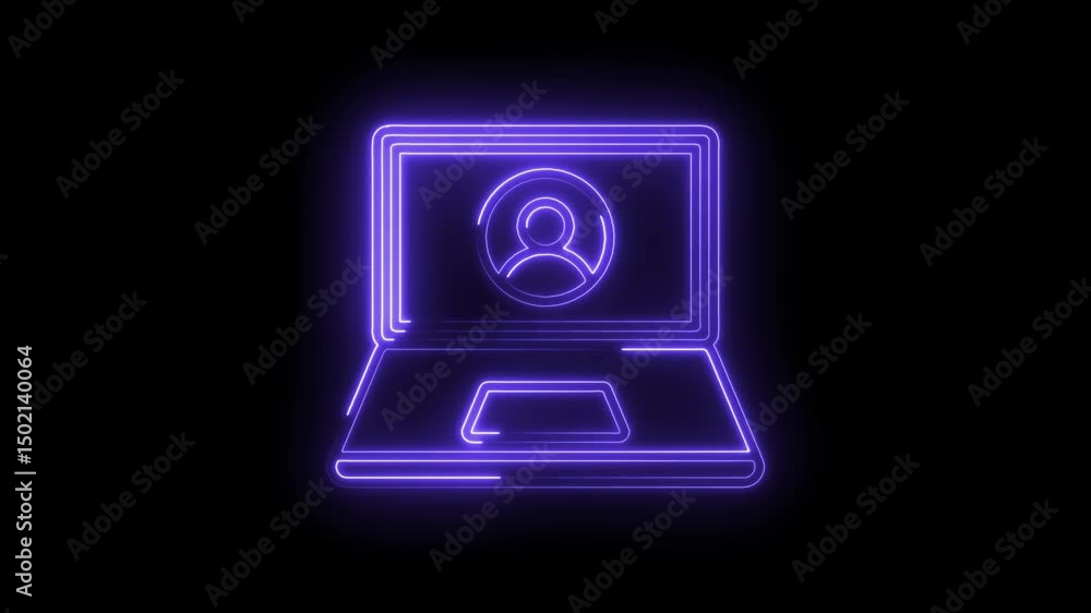 Poster laptop with user icon in neon style animated design on black background
