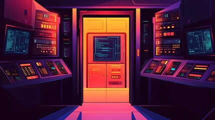 Futuristic server room interior with glowing displays and controls.
