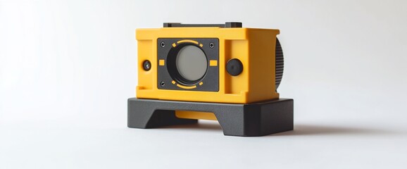 Close-up of a Yellow and Black Industrial Camera Isolated on White Background